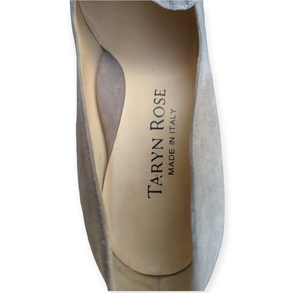 Taryn Rose Gray Flower Suede Pumps Peep Toe Chunky Heel Leather Rose Heels 37 - Picture 10 of 11